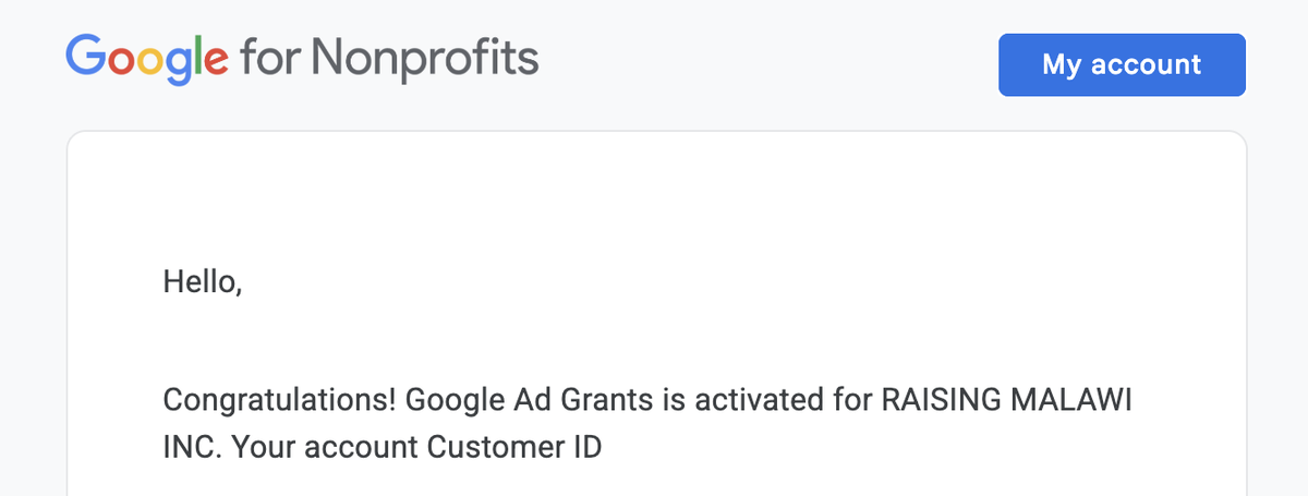 Google for Nonprofits confirmation — Google Ad Grants activated for Raising Malawi Inc