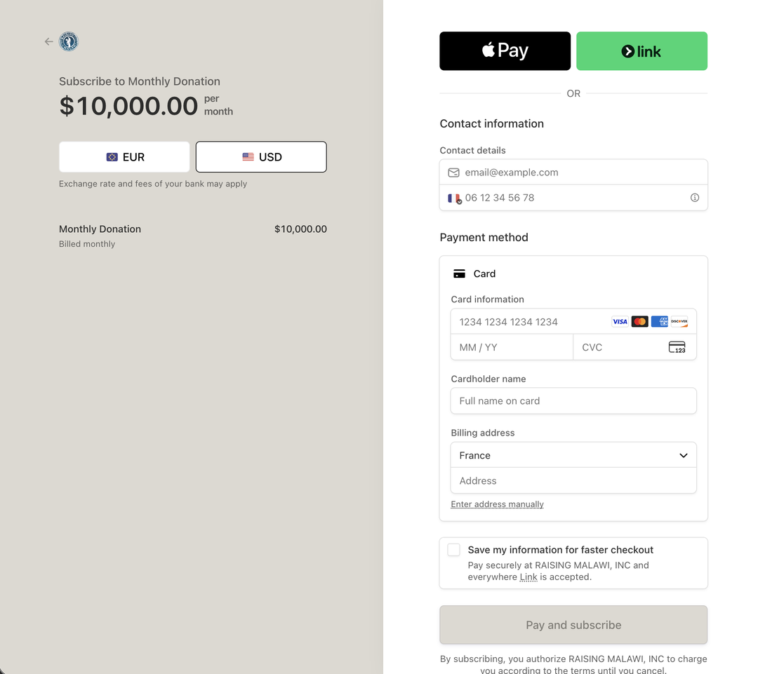 The Stripe donation checkout we set up for Raising Malawi — Apple Pay, Link, cards, multi-currency